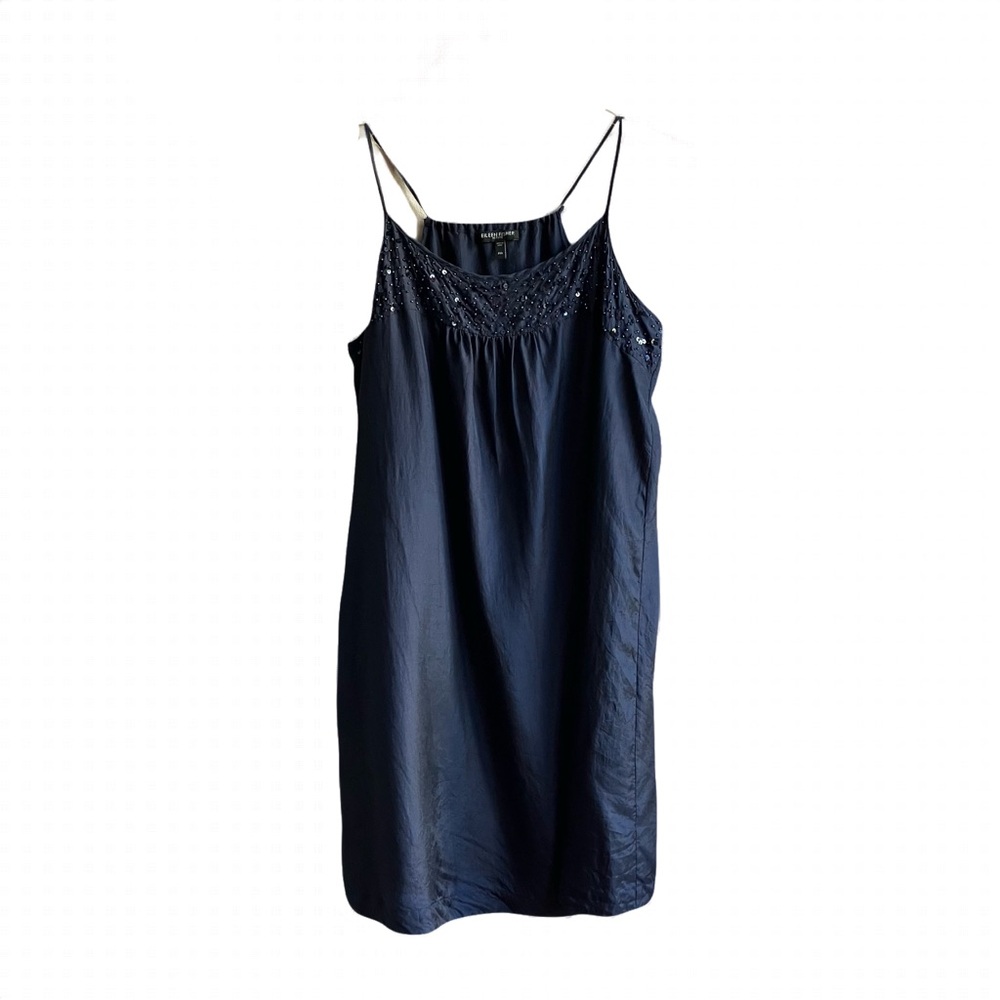 Eileen Fisher 100% Silk Navy Blue Sequin Dress Size M Knee Length Wedding Guest